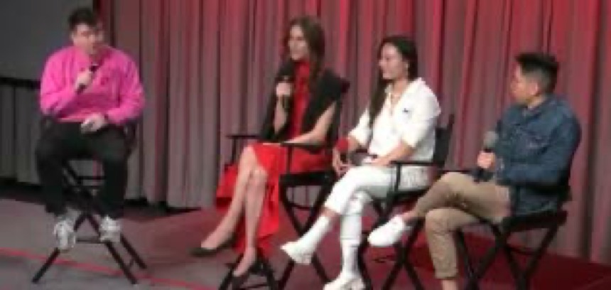 The full YouNite Creator Panel at YouTube HQ: moderator Andrew Leonard with Cassandra Bankson, Tina Huang, and Randy Lau
