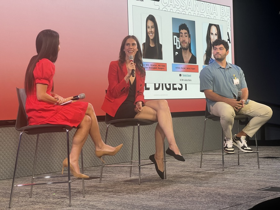 Cassandra Bankson on the panel beside Dr. Anthony Baroud of Dental Digest, with the GothamChess and Dental Digest speaker graphic on screen